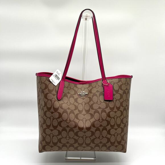 Coach Handbags - COACH Signature City Tote Bag, Khaki and Pink Leather